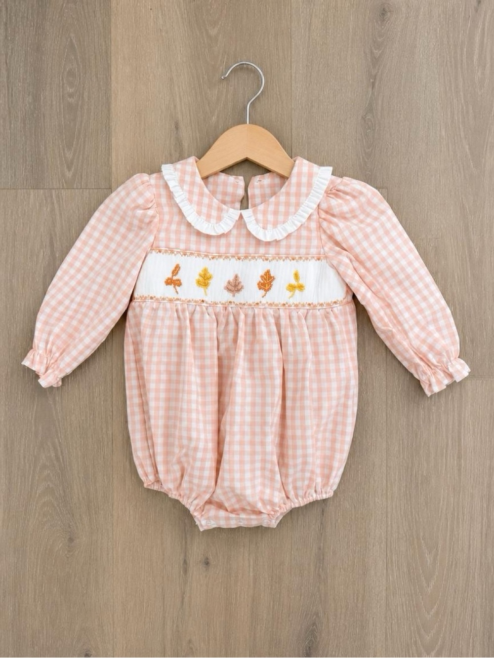 Stitchy Fish Girls 2T Fall Pumpkin Autumn Leaf Smocked Gingham Bubble Romper